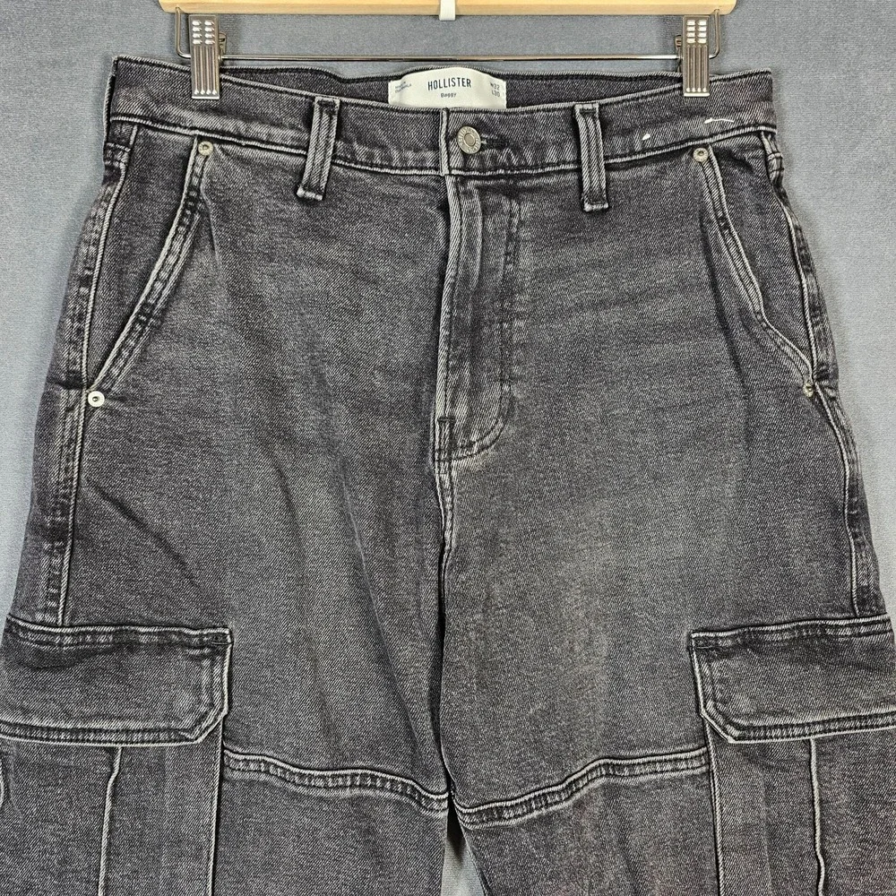 Hollister Baggy Jeans Mens 32x30 Washed Black Cargo Relaxed Straight Denim